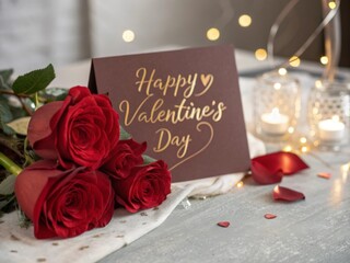 Valentine's day greeting card with red roses on wooden background