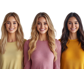 Group of smiling women in colorful sweaters portrait joyful. Isolated on transparent background, png.