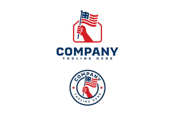 Bold patriotic logo featuring a raised hand holding the American flag. Ideal for political movements, independence campaigns, or national pride branding.