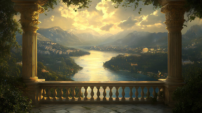 Chiaroscuro Countryside Vista &ndash; Moody landscape illustration with classical composition and glowing sunset highlights