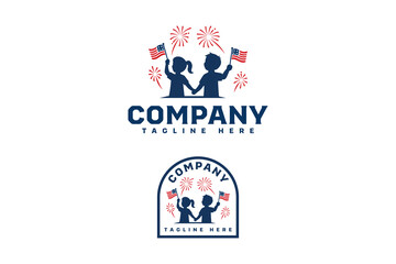 Logo of two children holding American flags with fireworks in the background. Perfect for 4th of July events, family-themed branding, or national celebration campaigns.