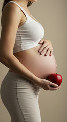 Pregnant Woman Holding Red Apple Against Her Belly in Studio