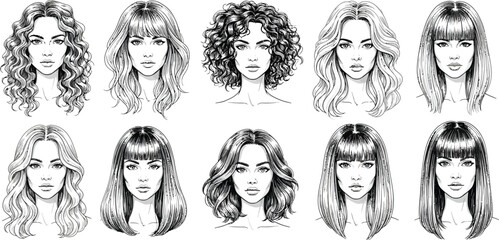 Collection of diverse female hairstyles and portrait sketches in black and white