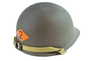 Fototapeta premium Replica of a World War Two American M1 helmet with 2nd Ranger Battalion marking at the back. Helmet is isolated against a white studio background.