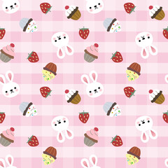 Vector pattern of fabric, wallpaper, gift wrap, mat and bed sheet. Continuous and repeatable. Designed with plaid, strawberry and rabbit alternating in cute style.