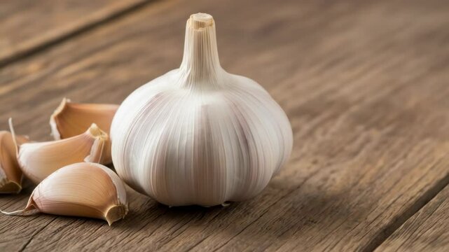 Close-up of fresh garlic bulb and cloves on rustic wood table, healthy food ingredient.