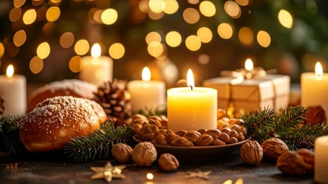 Festive Christmas table setting with candles, baked goods, nuts, and greenery