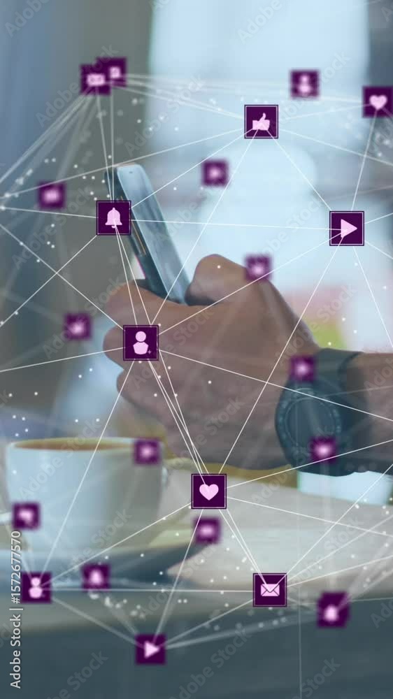Poster animation of network of connections with icons over caucasian man scanning qr code
