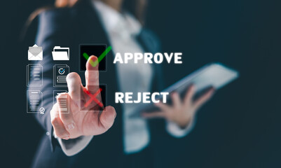 Digital interface designed for business automation, concept of document review is visualized by finger pressing green check mark icon, symbolizing approval or rejection ideal decision making workflow