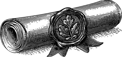Vintage hand drawn engraving of certificate roll with decorative seal for retro design