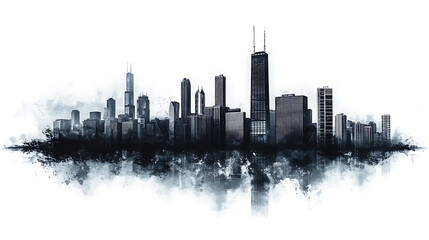 Naklejka premium Chicago Skyline with Grit and Reflection – Rough-edged urban silhouette mirrored below in a dark minimalist composition