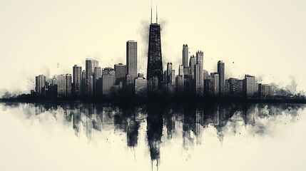 Fototapeta premium Faded Skyline of Chicago – Muted city silhouette in minimalist grunge design with atmospheric reflection and textured background