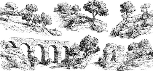 Vintage roman scenery sketches: hand drawn engravings of landscapes and ruins