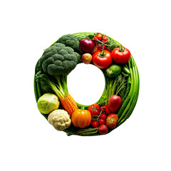 The letter O made from various vegetables. Fresh, healthy, and eco-friendly food.
