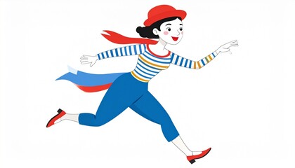 Obraz premium A cartoon illustration of a woman running with a scarf and hat.