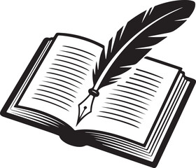 Open Book with Quill Pen Silhouette Vector, Vintage Writing and Literature Symbol
