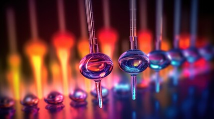 Abstract blue light shines on colorful glass balls and chemical lab equipment