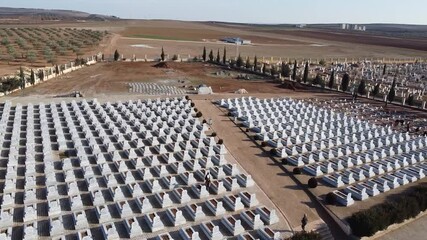 Aleppo, Syria - 01 March 2025: Aerial view of serene cemetery and trees, Syria.