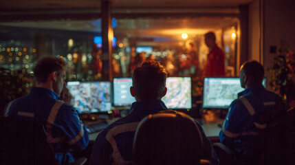 Logistics team monitors operations during slowdown in control room with multiple screens and dim lighting