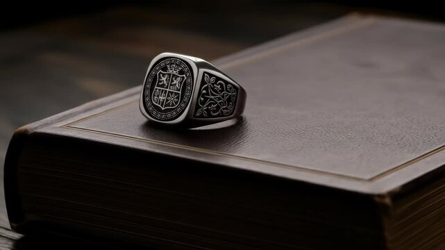 Heraldic silver signet ring with crest on antique book for heritage, history and tradition.