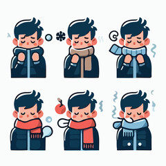 image of a shivering person wearing a scarf and jacket with a simple and minimalist flat design using a white background