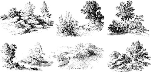 Fototapeta premium Vintage black and white engraving illustrations of tape with natural scenery landscape designs for posters