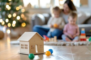 Festive family moment, with focus on miniature house and bokeh Christmas tree