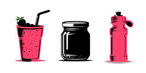 Set of Beverage and Jar Silhouettes – Smoothie Cup, Jam Jar and Sports Bottle Icons