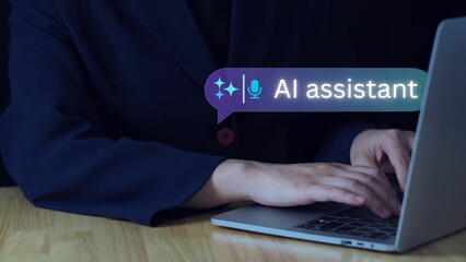 AI assistant button on the screen, representing generative AI tools for creating text, images, and videos. highlights LLM chatbots, AI-powered productivity, smart assistants supporting human tasks.