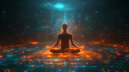 Obraz premium Advanced digital depiction of Brahma surrounded by glowing spiritual icons and floating holographic manuscripts, blending sacred tradition with futuristic tech art. Holographic sacred symbols artwork.