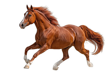 Obraz premium Full shot of a reddish-brown horse in motion. Mane and tail flowing. White markings
