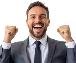 Exciting business success celebration office environment smiling man. Isolated on transparent background, png.