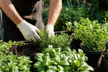 Naklejka premium Organic gardener planting fresh green herbs in rich soil for sustainable homegrown harvest and healthy eco-friendly lifestyle
