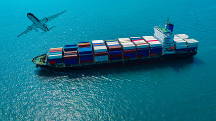 Aerial top view of Business trip with ship the partner connection Container Cargo freight ship for...