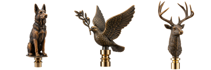  Set of 3 isolated flagpole finials – bronze sitting shepherd dog, peace dove with olive branch, and stag head with antlers for heraldic and architectural decor