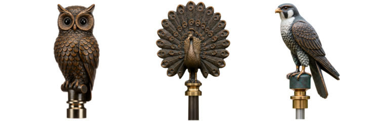 Set of 3 isolated flagpole finials – bronze peacock with splendid tail, vigilant falcon, and majestic owl for heraldic and architectural design