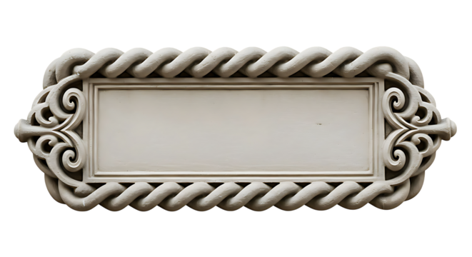 Ornate stone sign with a braided border provides a classical blank label against a transparent background, offering space for custom text.