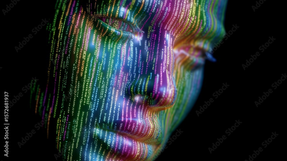 Poster colorful digital representation of a human face merging with binary code in a dark environment