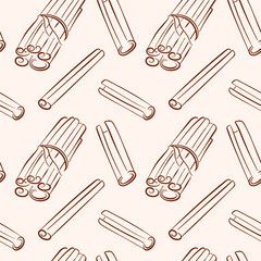 Line art style cinnamon stick seamless pattern. Exotic spice for store package, cafe menu design.