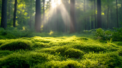 Obraz premium Serene spring morning illustration of secluded glade featuring soft moss carpet, gentle sunlight filtering through lush trees, calm and peaceful atmosphere evoking natural tranquility and qu43798383 4