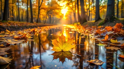 Photo of a single maple leaf floats serenely on a puddle reflecting the warm autumn sunset in a forest path
