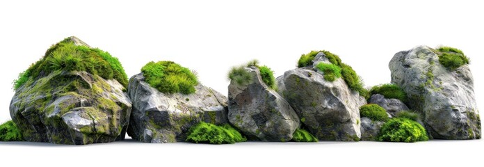Natural mossy rocks with vibrant green plants isolated on white background