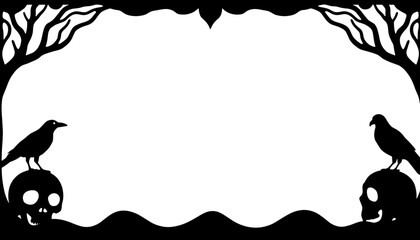 Silhouette of Halloween frame with ravens and skulls, Gothic symbolism and macabre accent