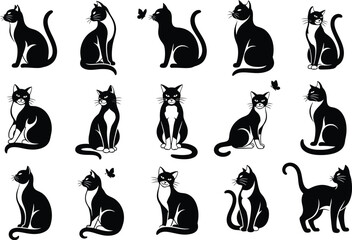 Collection of black and white cat silhouettes in various poses and with butterflies