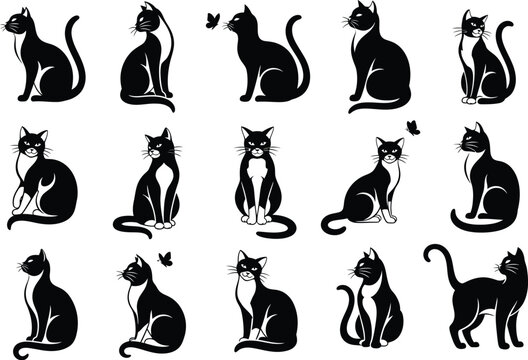 Collection of black and white cat silhouettes in various poses and with butterflies