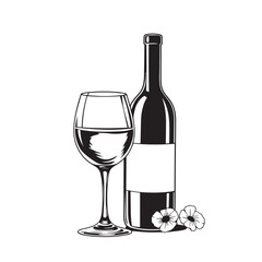 Wine glass and bottle combo vector design concept black and white illustration.