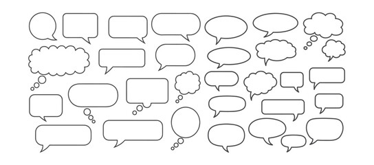 Minimalist Speech and Thought Bubbles Collection – Black and White Vector Set of Blank Comic Chat Balloons for UI, Comics, and Design Templates

