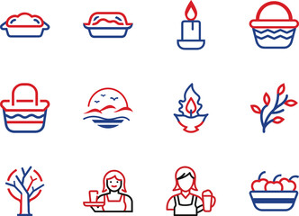 Red and blue outline style icons showcase autumn themes like harvest and nature