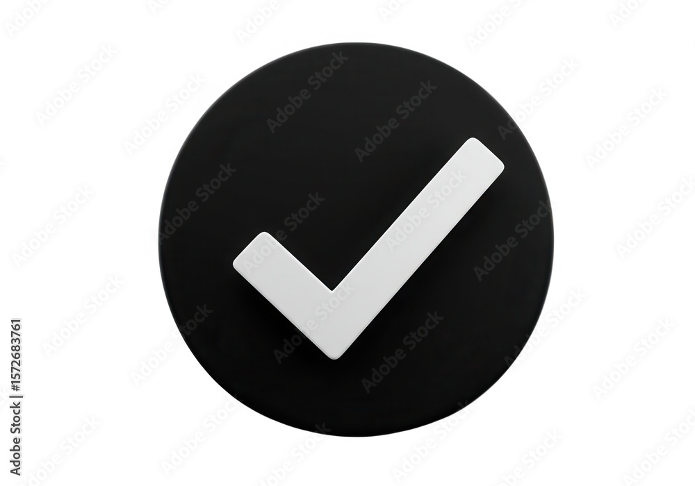 Poster a 3d rendering of a white check mark on a black circle, symbolizing approval and validation isolated
