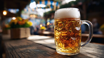 Beer stein with foam on a wooden table at a Bavarian beer garden. AI Generative